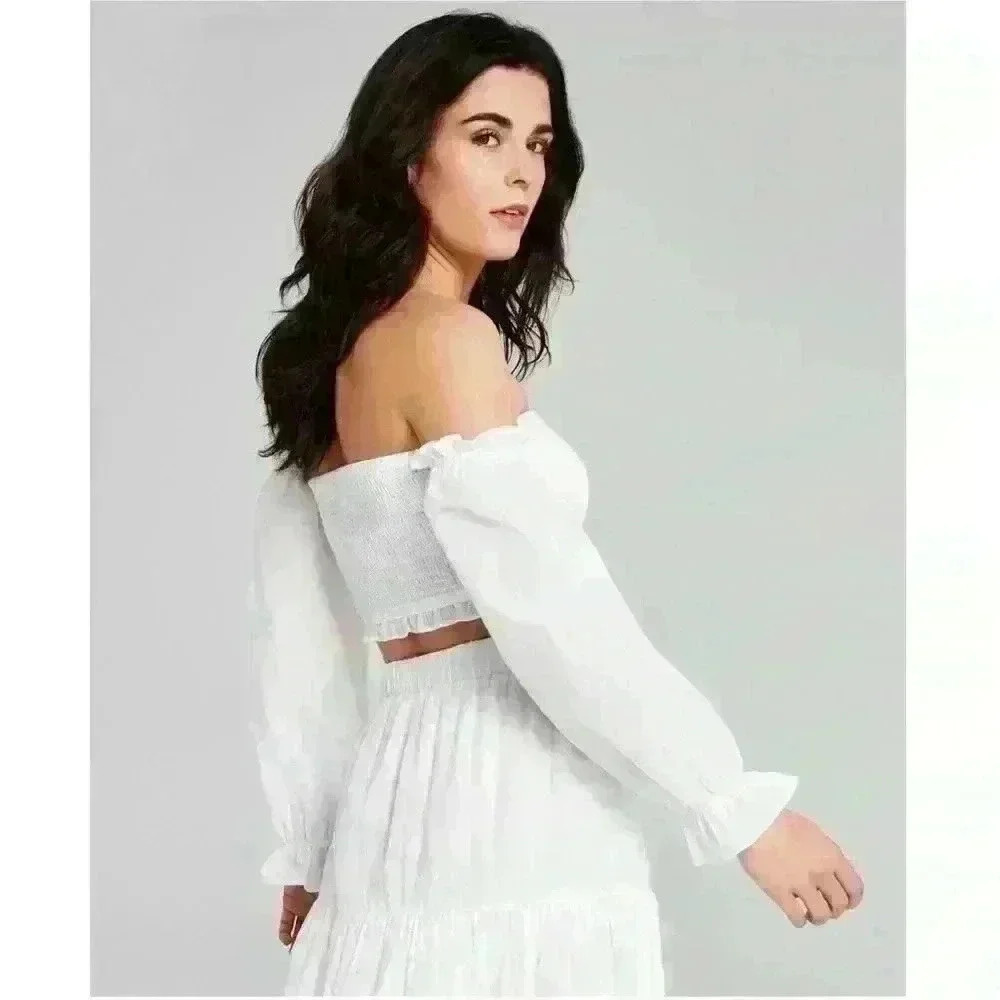 And Now This Womens Solid White Smocked Crop Top Off The Shoulder Size Medium - Picture 2 of 13